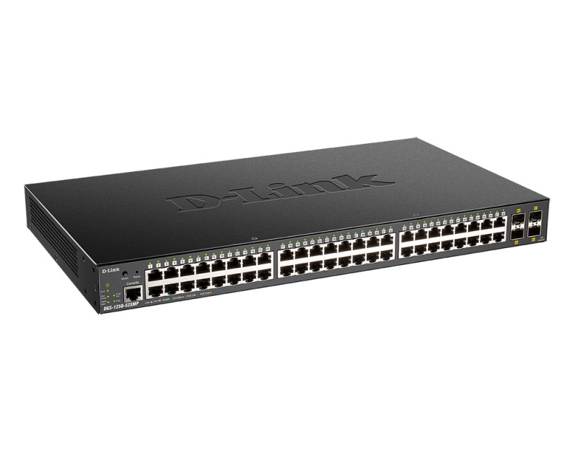 D-Link DGS-1250-52XMP/A1A Настраиваемый коммутатор 2 уровня с 48 портами 10/100/1000Base-T и 4 портами 10GBase-X SFP+ (48 портов с поддержкой PoE 802.3af/802.3at (30 Вт), PoE-бюджет 370 Вт)