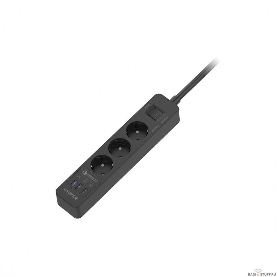 Harper Сетевой фильтр с USB зарядкой UCH-340 Black QC3.0 (3 роз.,1,5м., 3 x USB (max 4.8A), 4000W) {H00003195}