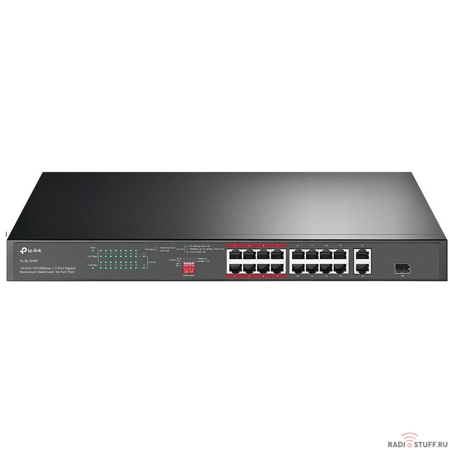 TP-Link TL-SL1218P 18-портовый коммутатор с 16 PoE+ портами 10/100 Мбит/с и 2 гигабитными портами SMB